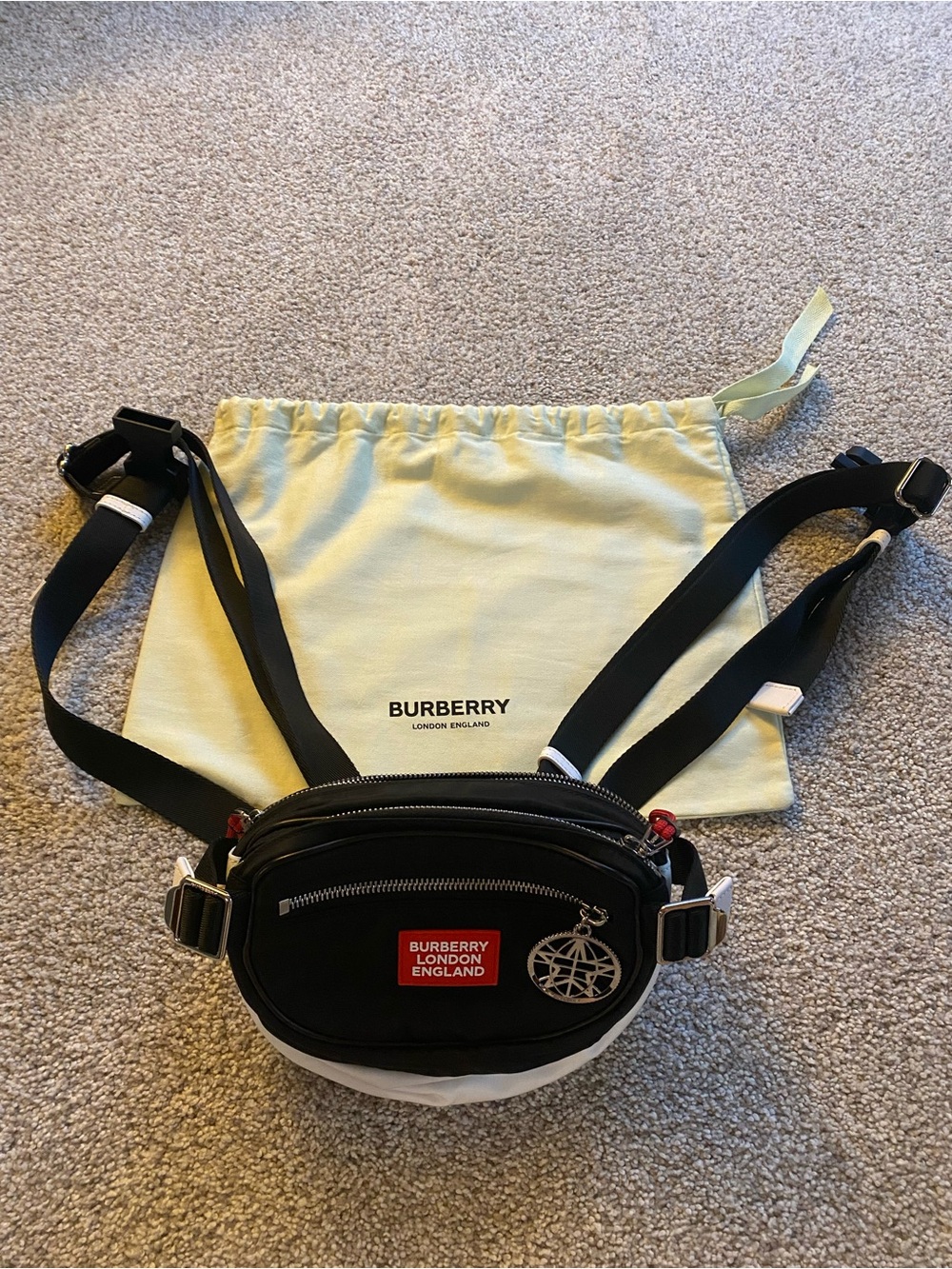 Burberry Black and White Belt Bag with Red Logo Patch